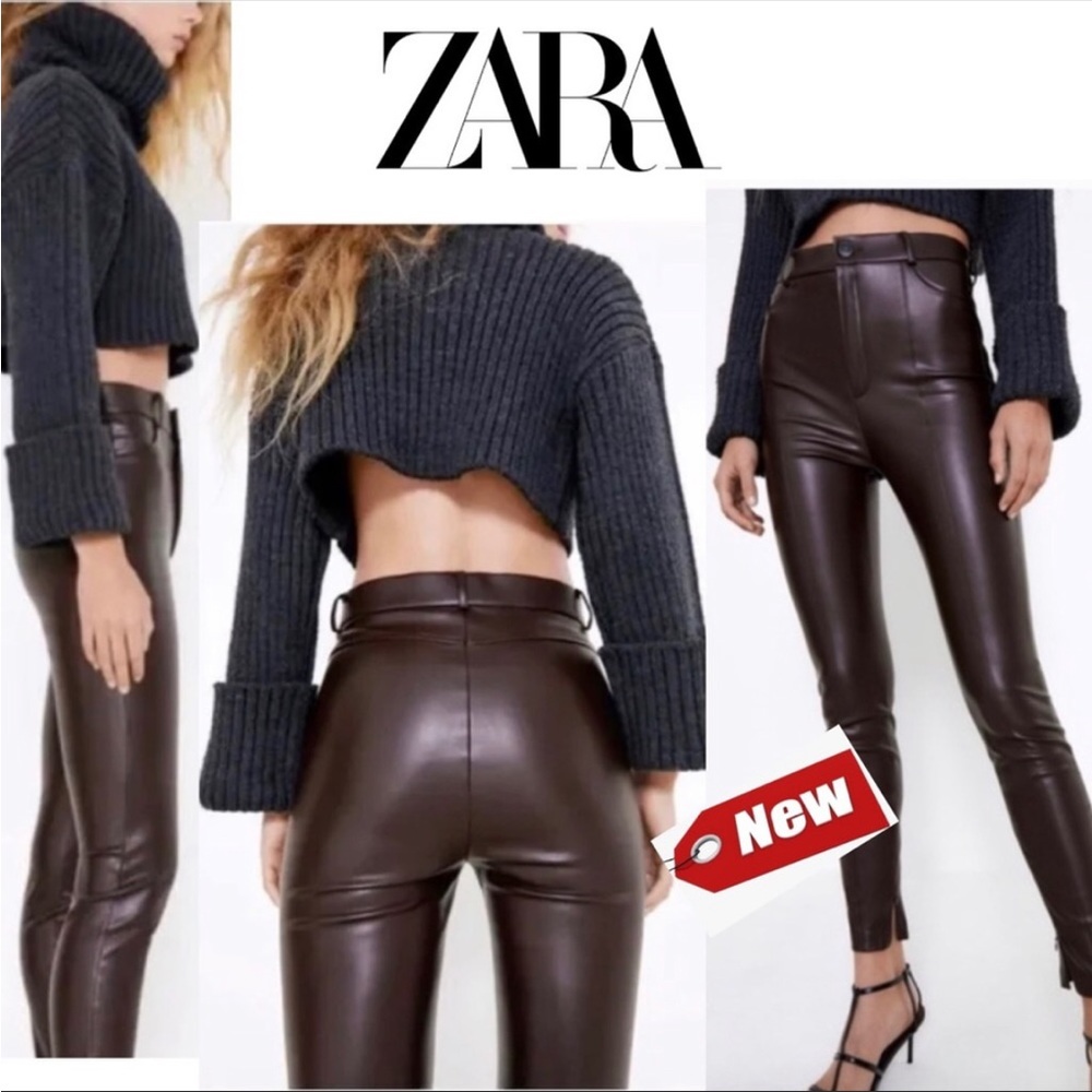 Zara dark chocolate brown faux leather vegan hi-rise leggings